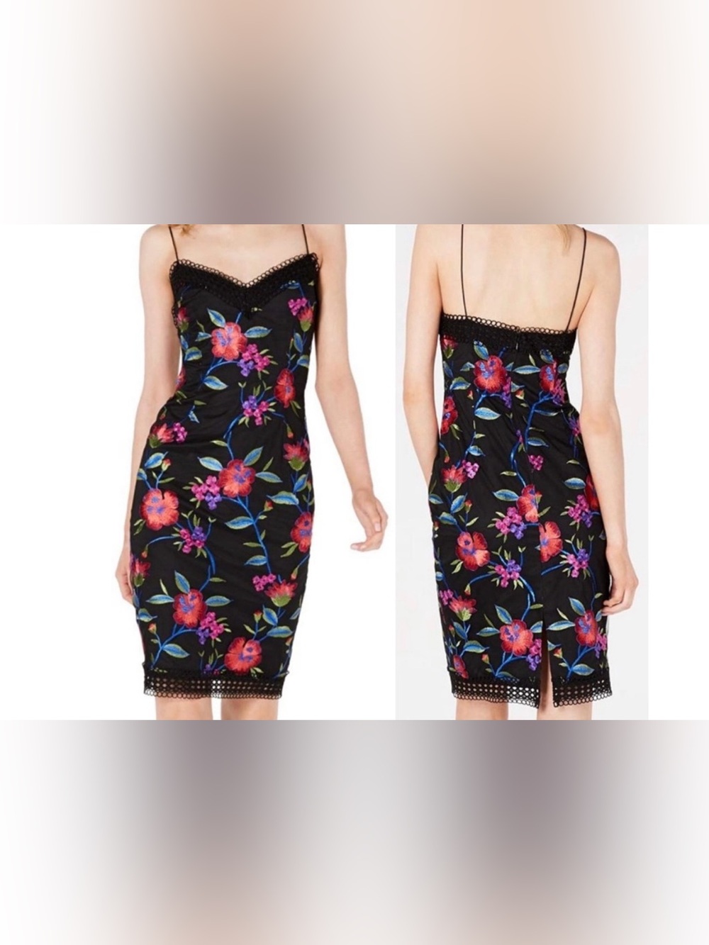 Aiden MADDOX ADRIANA PAPELL Floral pink red embroider black trim lace Slip Dress